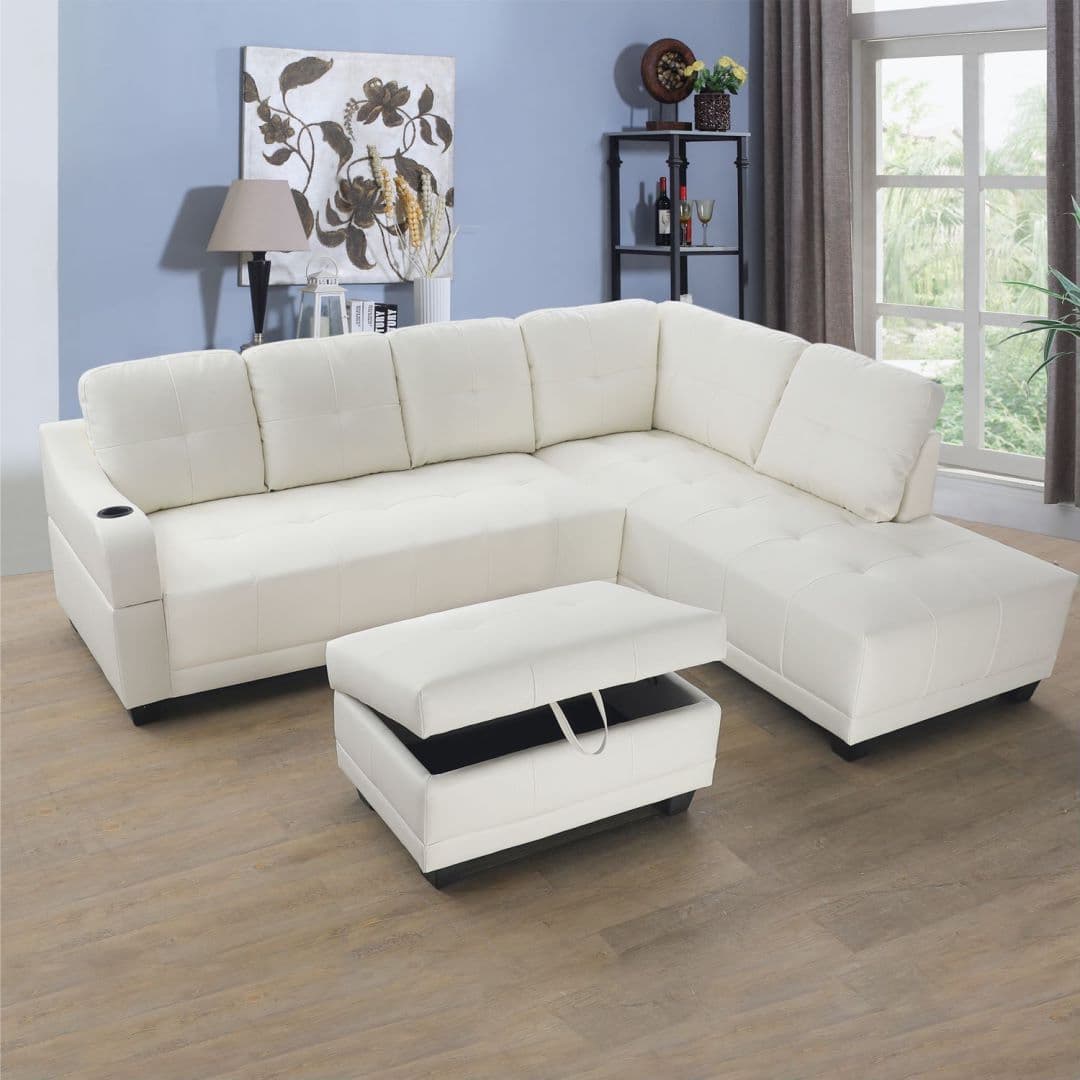 Pickup Only--white Semi Pu Synthetic Leather 3-piece Couch Living Room Sofa Set