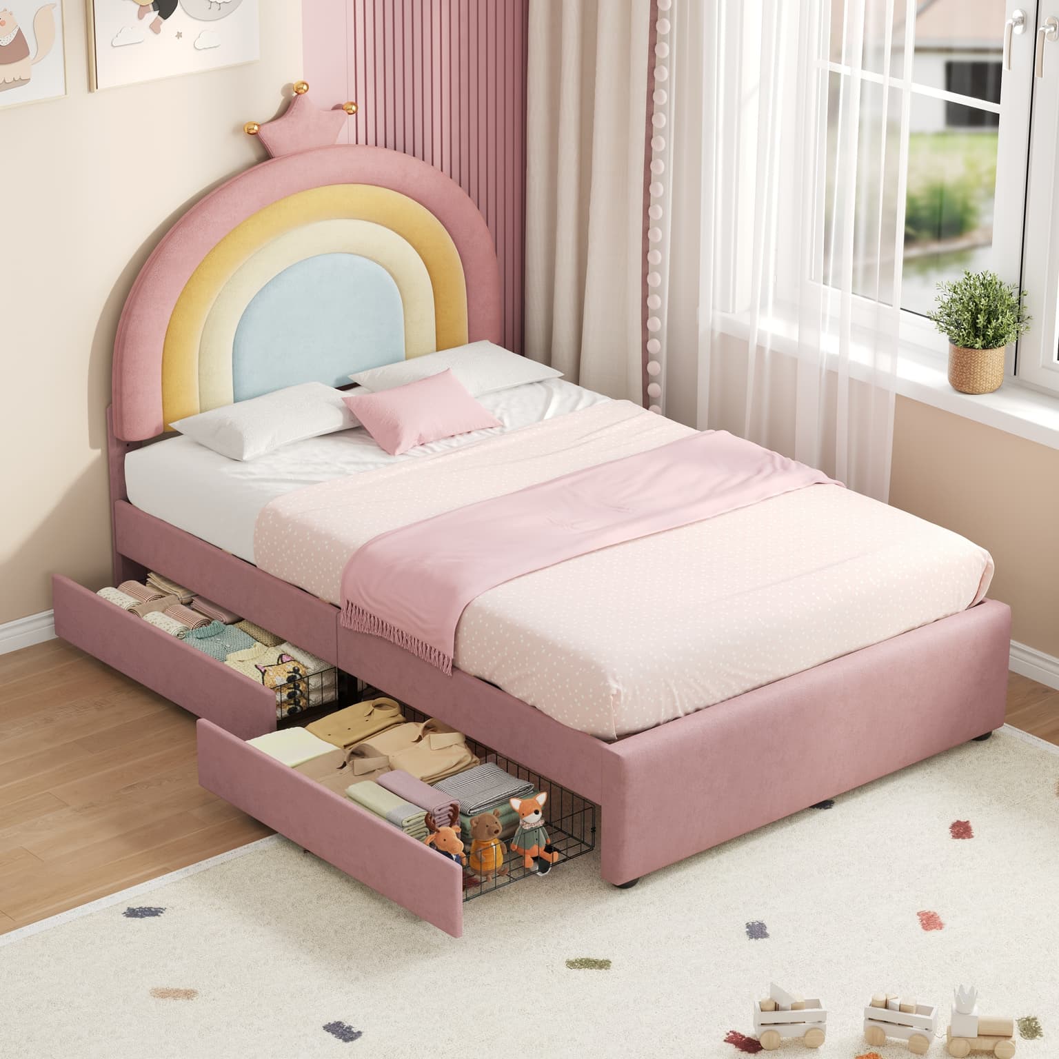 3ft Single Upholstered Bed With Adjustable Rainbow Crown Headboard, Soft Velvet Bed Frame With Flexible Storage Drawers, No Box Spring Needed No Mattress