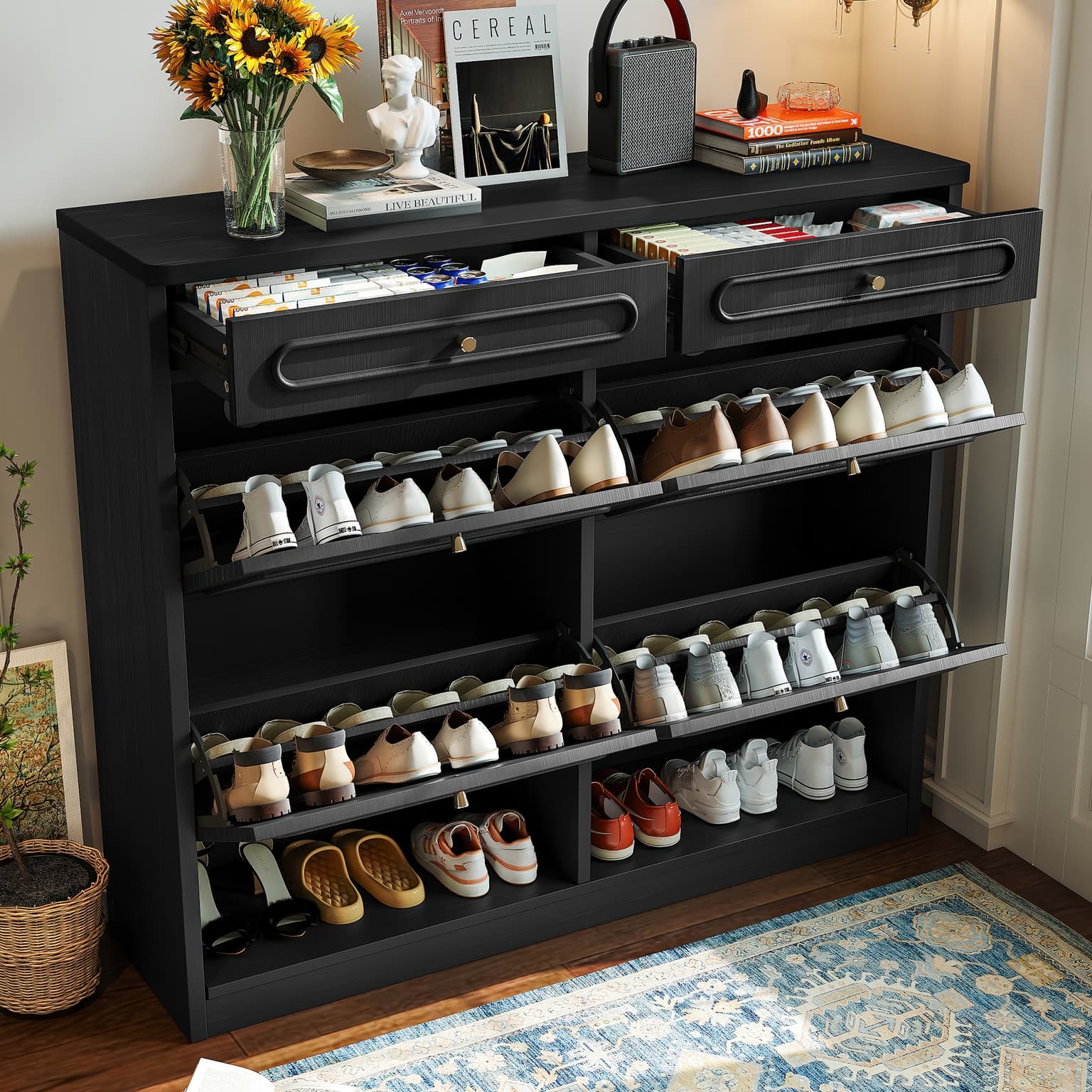 Wooden Shoe Cabinet With 4 Flip Drawers,shoes Rack Cabinet With 2 Storage Drawers,classified Storage And Farmhouse Style, Black