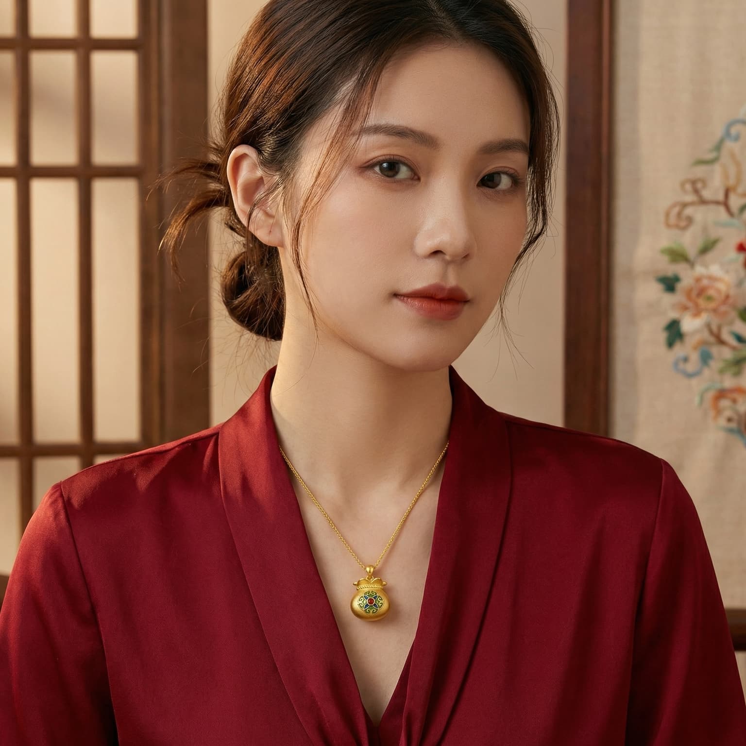 925 Sterling Silver Ornate Fortune Bag Pendant Featuring Colorful Enamel Floral Patterns