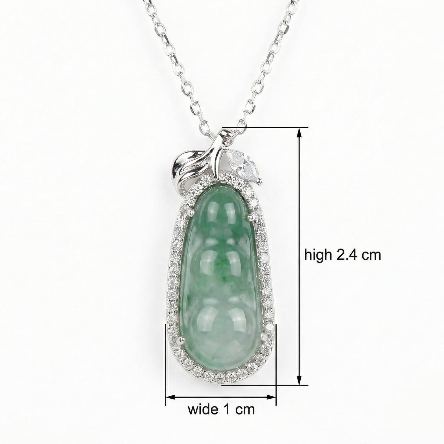 925 Sterling Silver Exquisite Green Jade Bean Pendant Necklace With Diamond Halo And Silver Chain