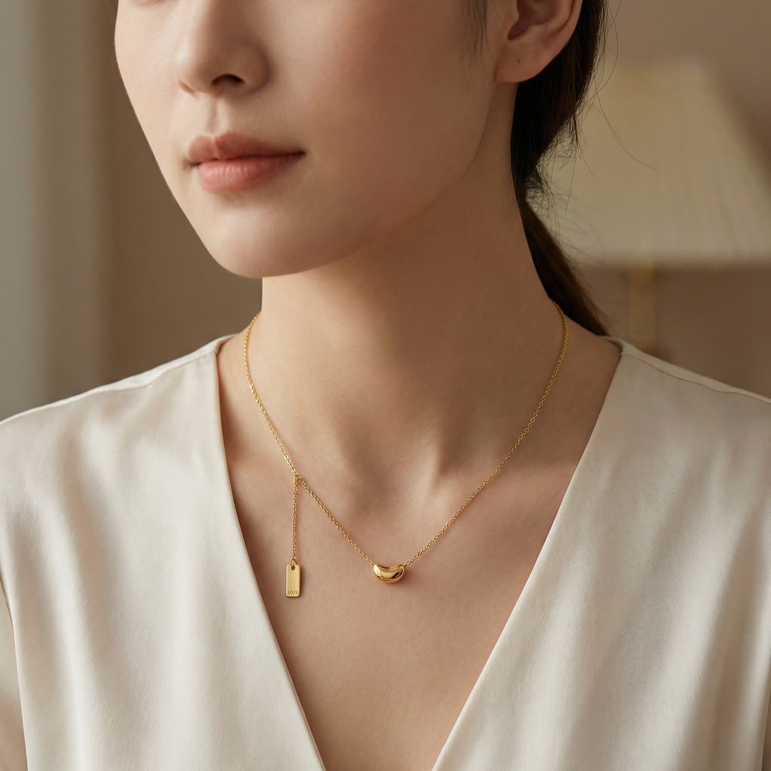 925 Sterling Silver Minimalist Sterling Silver Bean Pendant Necklace With Dainty Chain And S925 Hallmark Tag