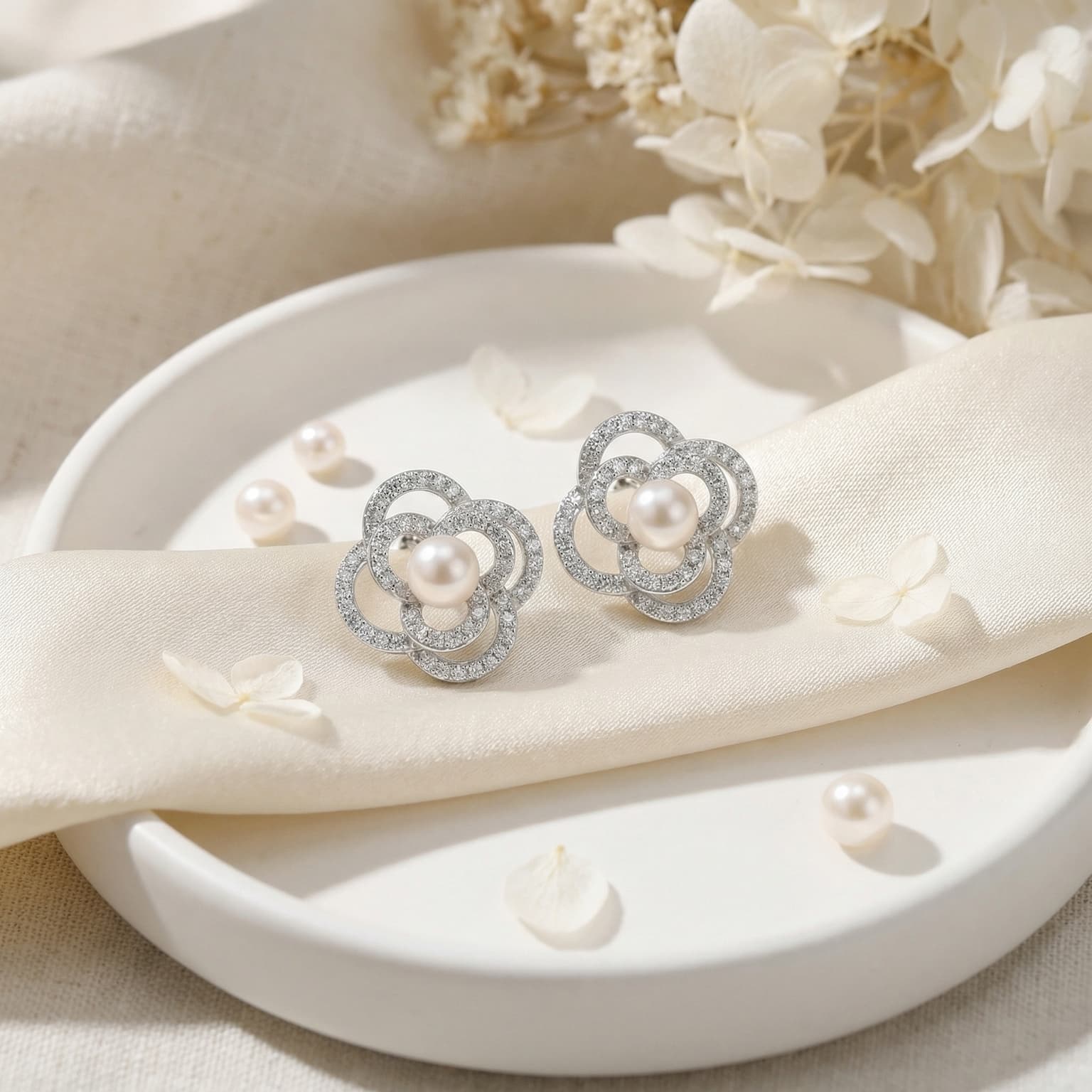 925 Sterling Silver Exquisite Pearl And Pave-set Crystal Floral Stud Earrings In Silver