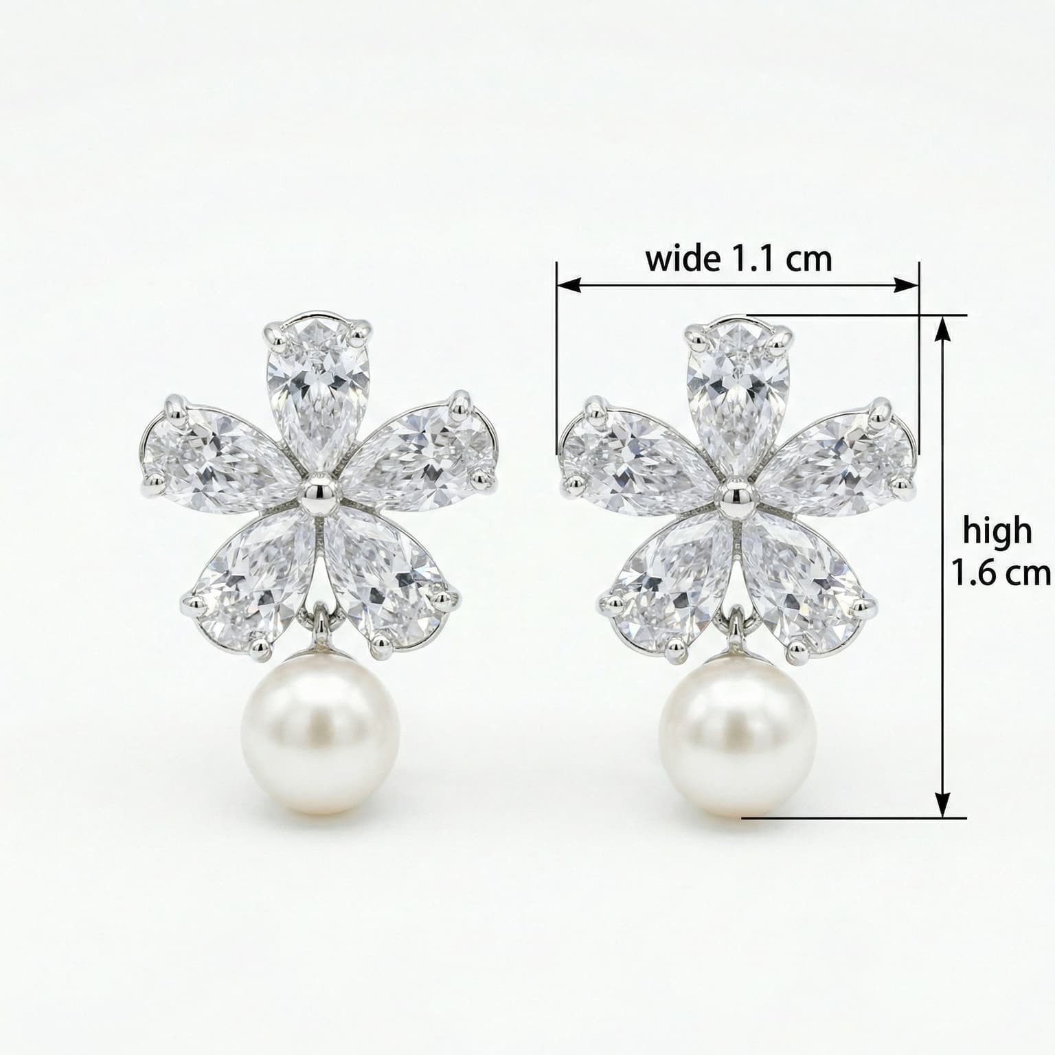 925 Sterling Silver Elegant Pear-cut Crystal Flower And Pearl Drop Earrings