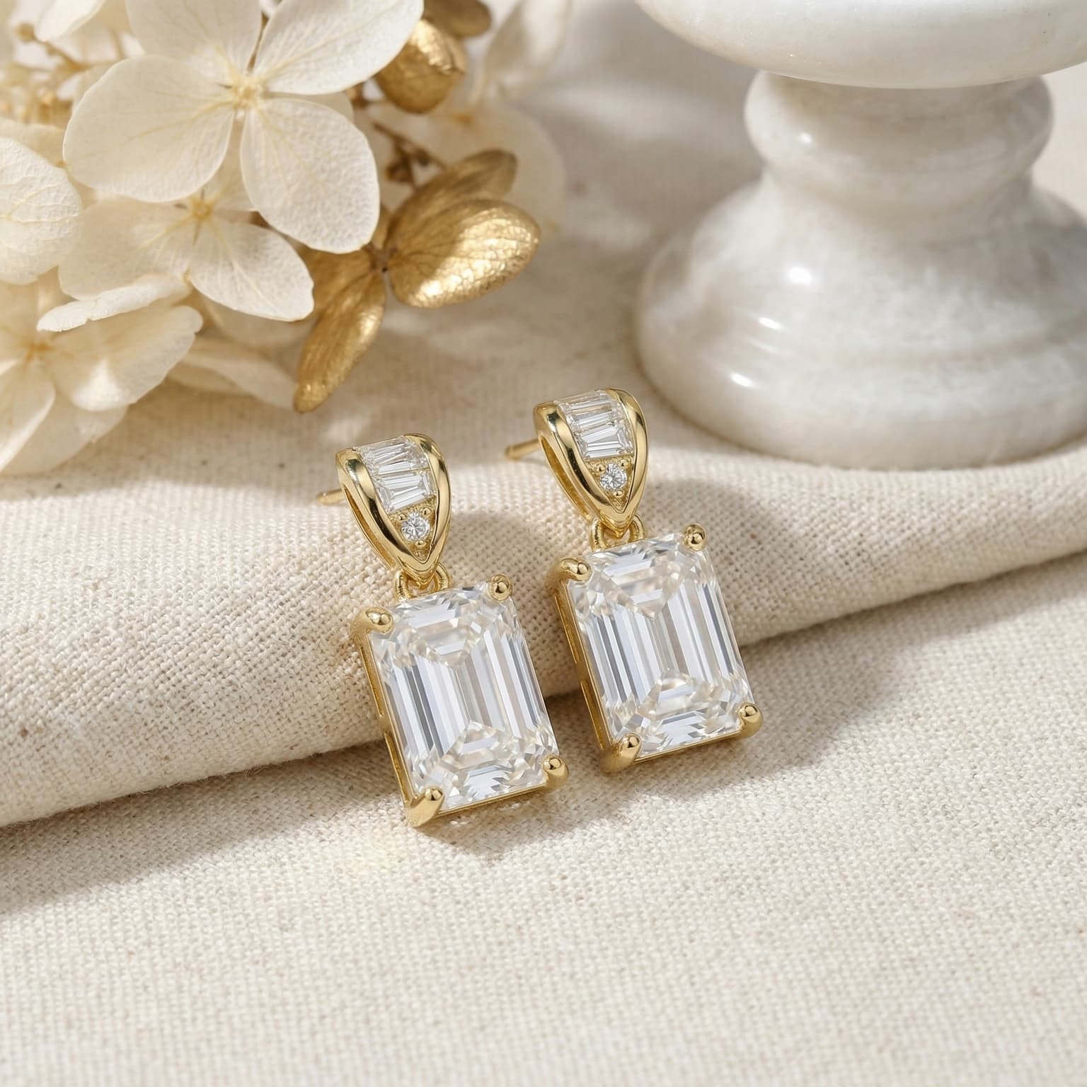 925 Sterling Silver Elegant Emerald-cut Crystal Drop Earrings With Baguette Accents