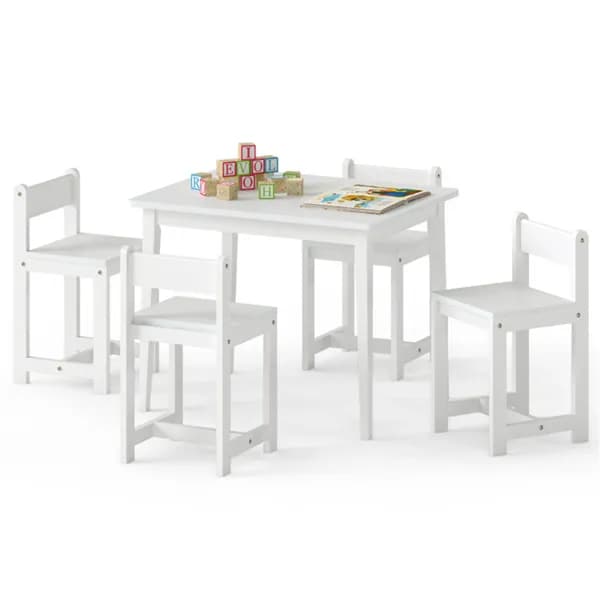 Kids Wooden Table And Chairs Set (1 Table + 4 Chairs), Rubber Wood Toddler Activity Set (white