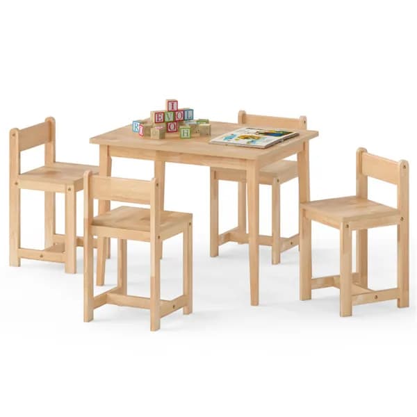Kids Wooden Table And Chairs Set (1 Table + 4 Chairs), Rubber Wood Toddler Activity Set (natural