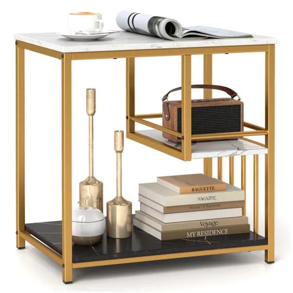 3-tier Side Table With Marble Top & Gold Frame, Modern 23.5" End Table For Living Room Bedroom