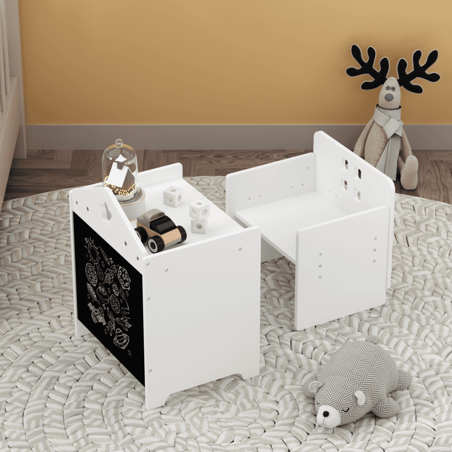 Kids Montessori Weaning Table And Chair Set, Wooden Toddler Table And Chair Set Kids Activity Table Step Stools With Blackboard & 3 Heights Adjustable, 1-3 Age Kids Funiture For Eating Drawing Reading