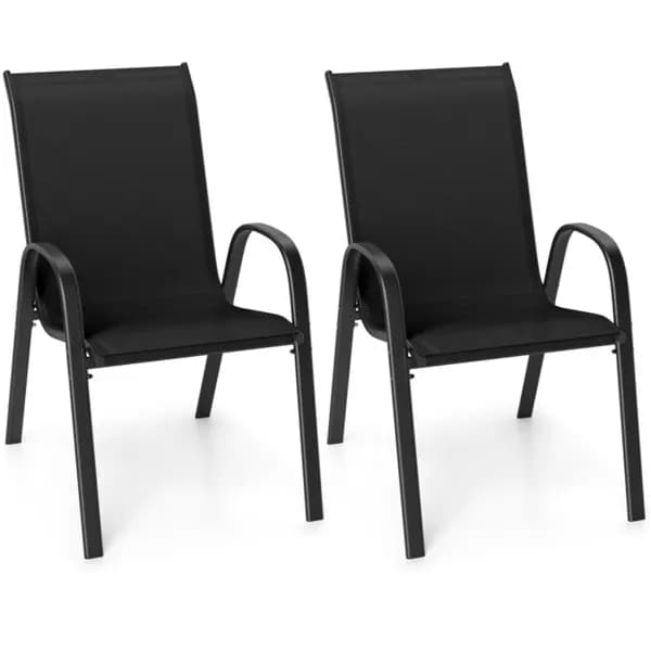 Black 2 Pack Stackable Patio Dining Chairs, Ergonomic Steel Frame Breathable Fabric Outdoor Chairs 330 Lbs Capacity