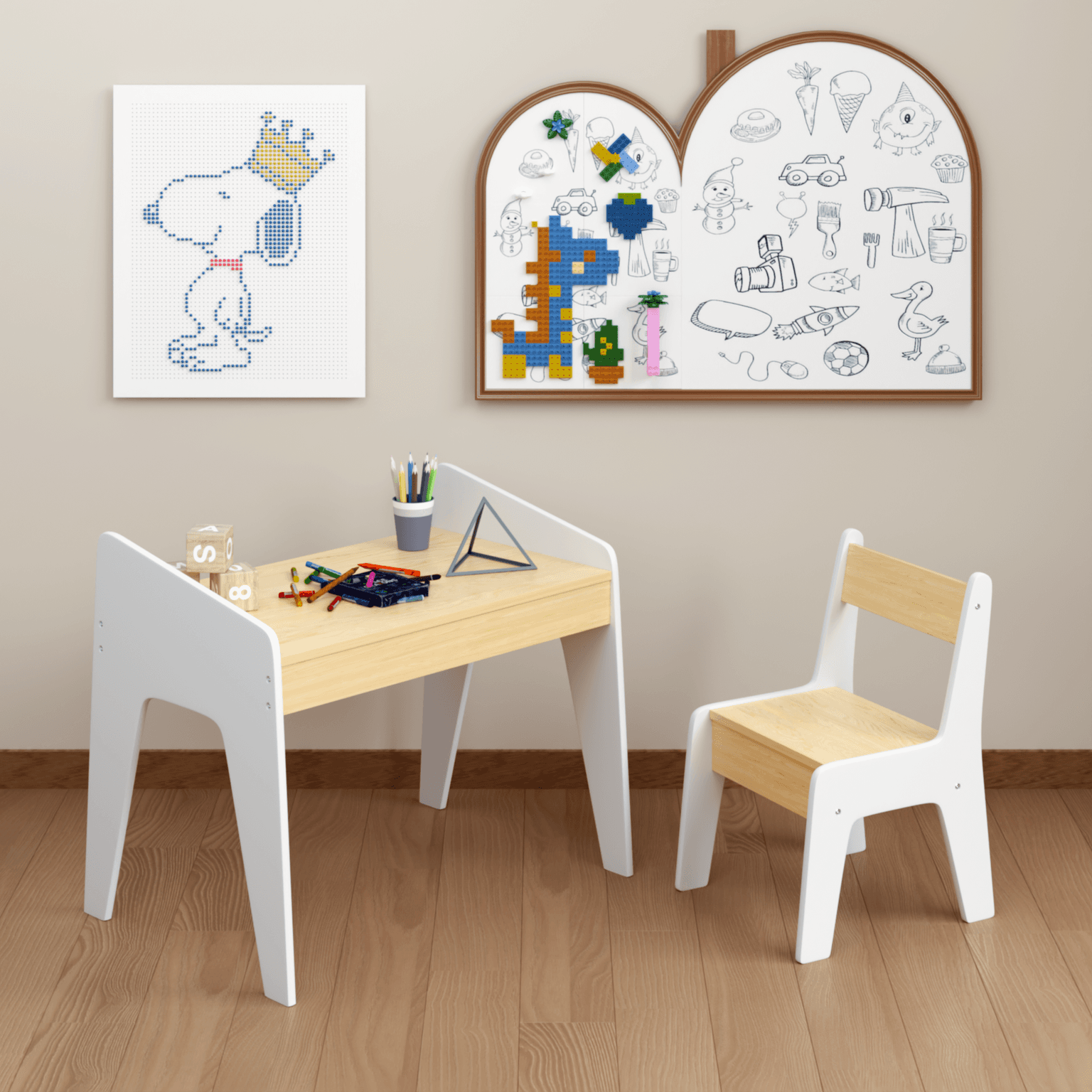 Kids Table Set With One Chair, Wooden Children Study Table, 2-8  Age Kids Funiture , White Natural