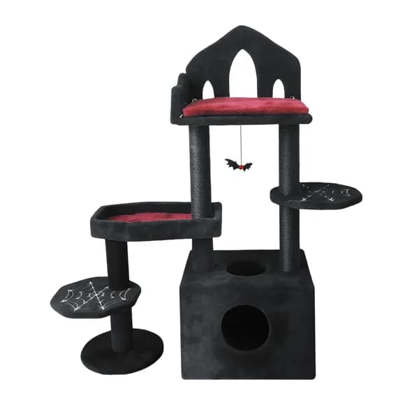 Black Gothic Cat Tree, Multi-level Spooky Cat Tree With Scratching Posts, Perches, Hammock, And Cat Cave - Black Cat Tower For Indoor Cats With Interactive Toy, Perfect For Multiple Cats 44.5in
