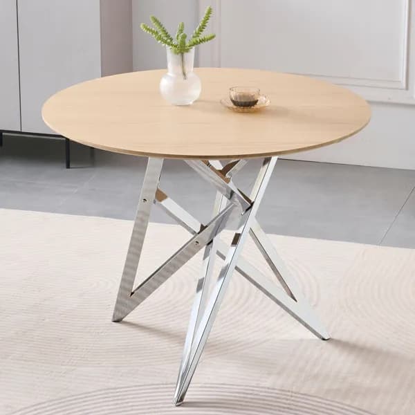 37inch Round Dining Table, Small Round Kitchen Table With Silver Metal Legs, Suitable For 2 To 4 People, Modern Dining Room Table, Burlywood