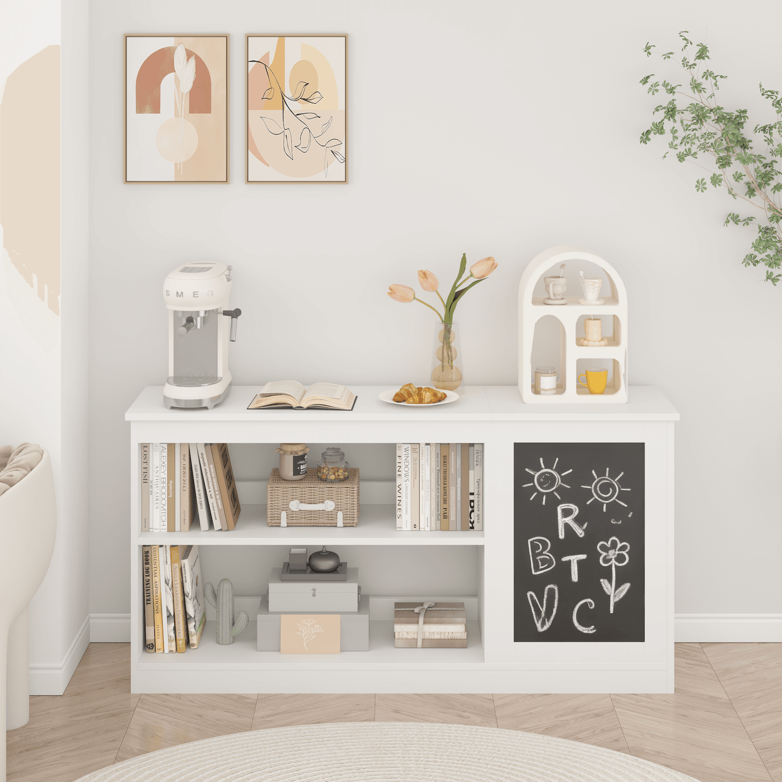 3-in-1 Kids Bookshelf And Toy Storage Cabinet With Chalkboard  Modern White Organizer For Playroom