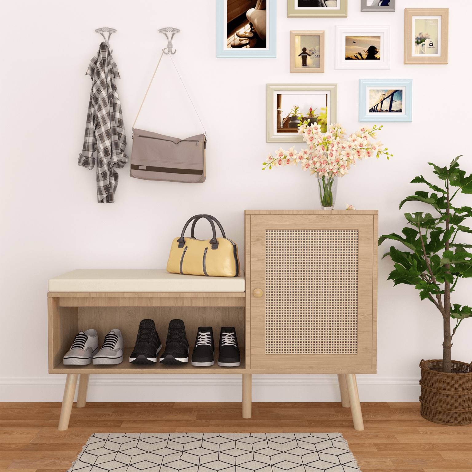 2-in-1 Shoe Storage Bench, Pp Rattan Shoe Cabinet With 2 Adjustable Shelves And Removable Seat Cushion, Modern Entryway Bench, Shoe Storage Organizer, Shoe Rack For Hallway, Bedroom