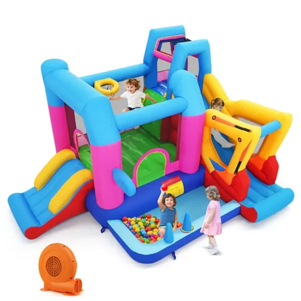 Kids Inflatable Castle,excavator-themed Inflatable Bounce House, Multi-play Features With Slide, Ball Pit & Blower (multi-color