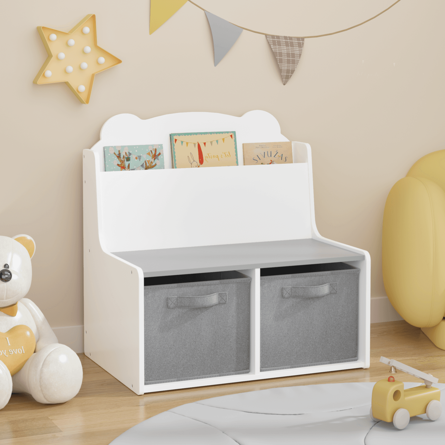 Kids Bookshelf With Storage Bins  Wooden Bookcase With Book Display Shelf And 2 Fabric Bins, Cute Bear-shaped Backboard, Toy Organizer For Toddlers And Children, White And Gray