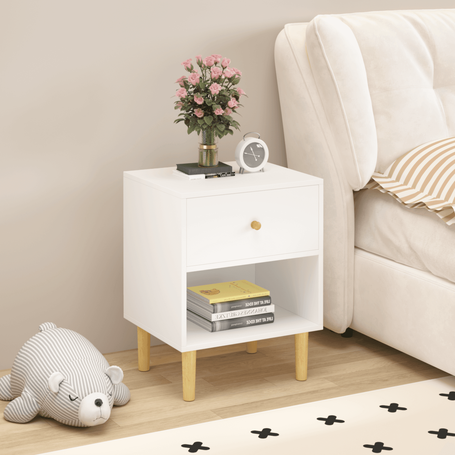 23.22''h Wooden Nightstand With One Drawer One Shelf For Kids, Adults, White