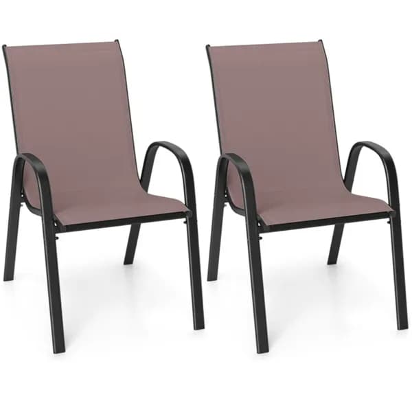 Brown 2 Pack Stackable Patio Dining Chairs, Ergonomic Steel Frame Breathable Fabric Outdoor Chairs 330 Lbs Capacity