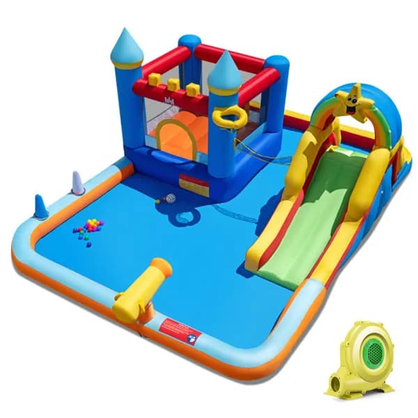 Inflatable Water Slide Bounce House, Multi-Sport Games With Splash Pool & Blower (Colorful)