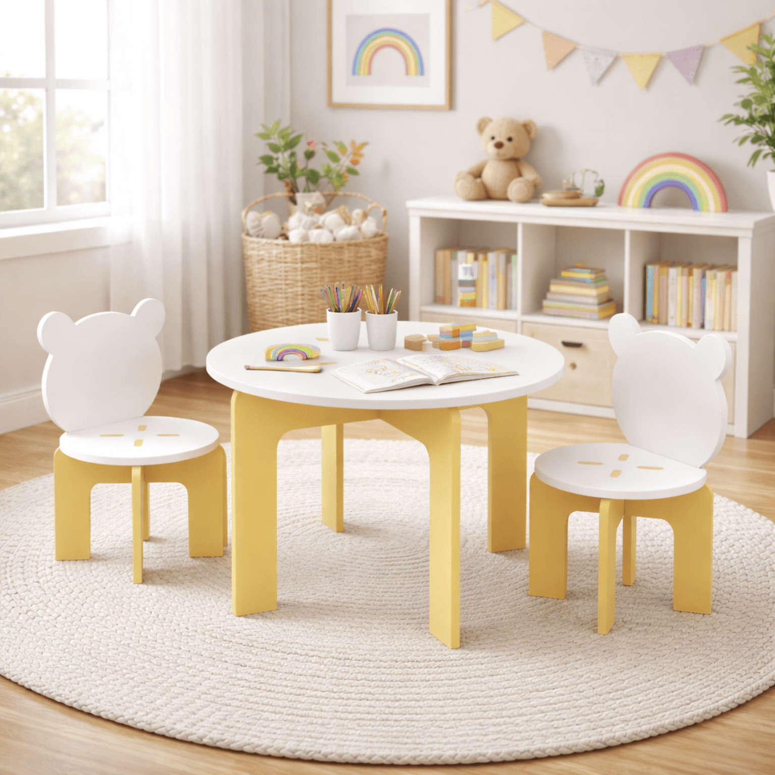 Kids Table And Chair Set, 3-piece Toddler Table With 2 Chairs, Cute Bear-back Chairs, Sturdy Wooden Activity Table Set For Kids, Playroom, Bedroom, Preschool
