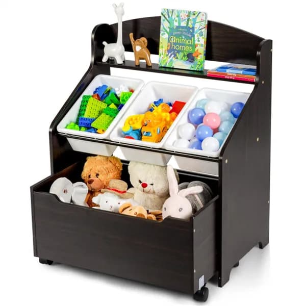 Dark Brown Multifunctional Kids Storage Cabinet With Large Capacity Toy Box And Display Shelf, Safe Rounded Corner Children Organizer For Toys Books