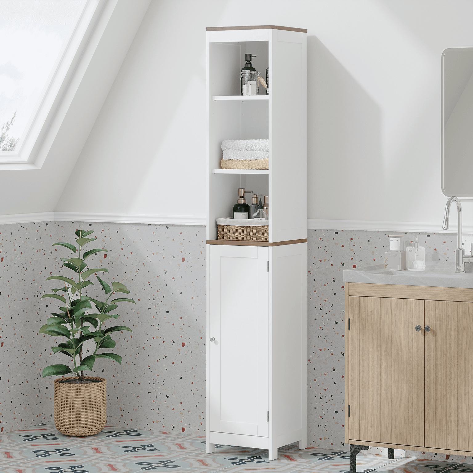 Tall Bathroom Storage Cabinet With Reversible Door, Freestanding Linen Tower With Open Shelves And Enclosed Cabinet, Narrow Floor Cabinet Organizer For Bathroom, Laundry Room Or Small Spaces White