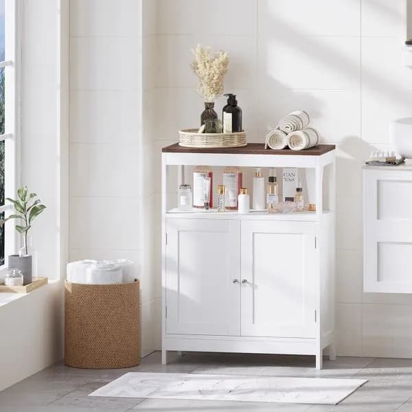 Modern Storage Cabinet With Double Doors, Free-standing Bathroom Cabinet With Adjustable Shelf And Natural Wood Top, Multi-purpose Organizer For Kitchen, Living Room, Bathroom Or Entryway - White