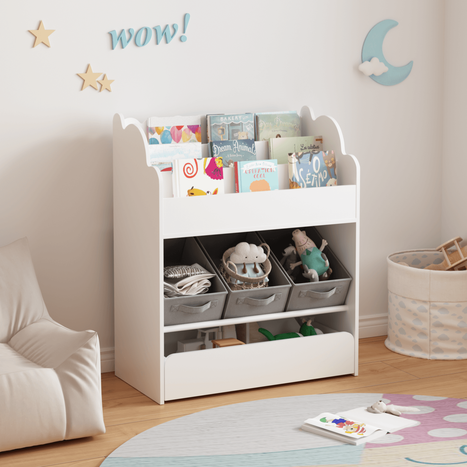 Kids Bookshelf With Storage Bins And Drawer, Multi-functional Wooden Book Organizer For Toddlers, White Bookcase For Toys, Books And Nursery Room