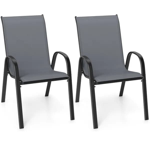 Gray 2 Pack Stackable Patio Dining Chairs, Ergonomic Steel Frame Breathable Fabric Outdoor Chairs 330 Lbs Capacity