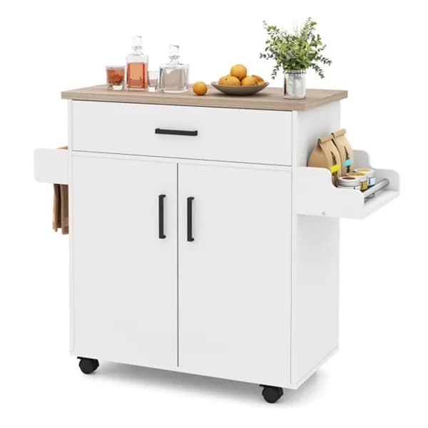41.5" Rolling Kitchen Island Cart With Storage, White Kitchen Cart With Drawer & Cabinet, Spice Rack & Towel Holder