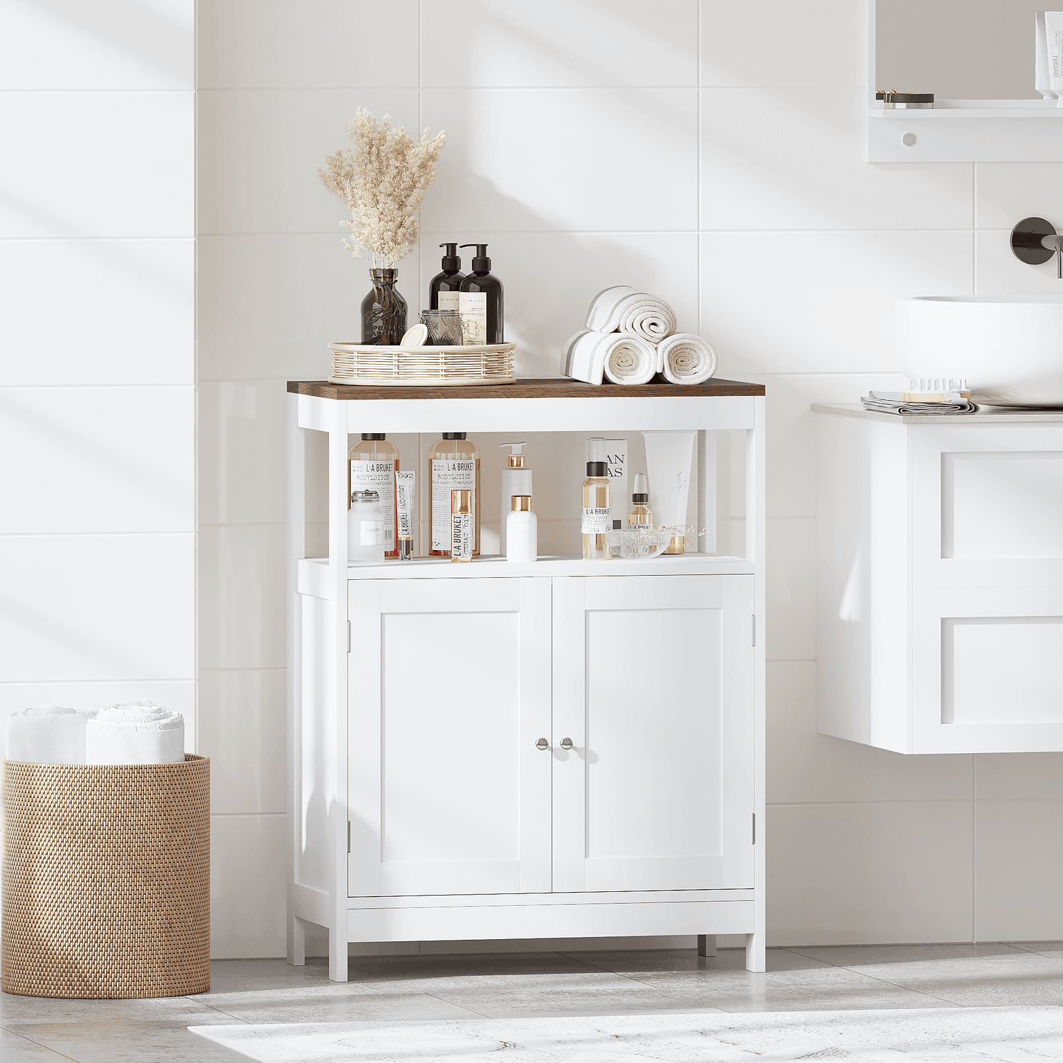 Modern Storage Cabinet With Double Doors, Free-standing Bathroom Cabinet With Adjustable Shelf And Natural Wood Top, Multi-purpose Organizer For Kitchen, Living Room, Bathroom Or Entryway White