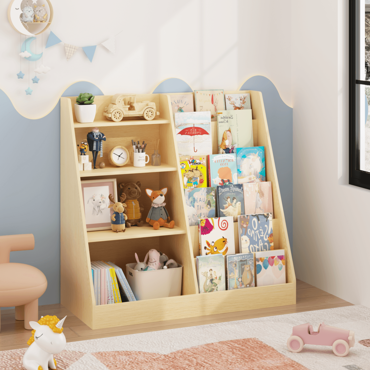 Kids Bookshelf And Toy Storage Organizer, Multifunctional 4 Tier Wooden Kids Book Shelf With  Bookcase Display Stand In Kids Room Playroom Nursery For Kids, Children, Toddlers Natural