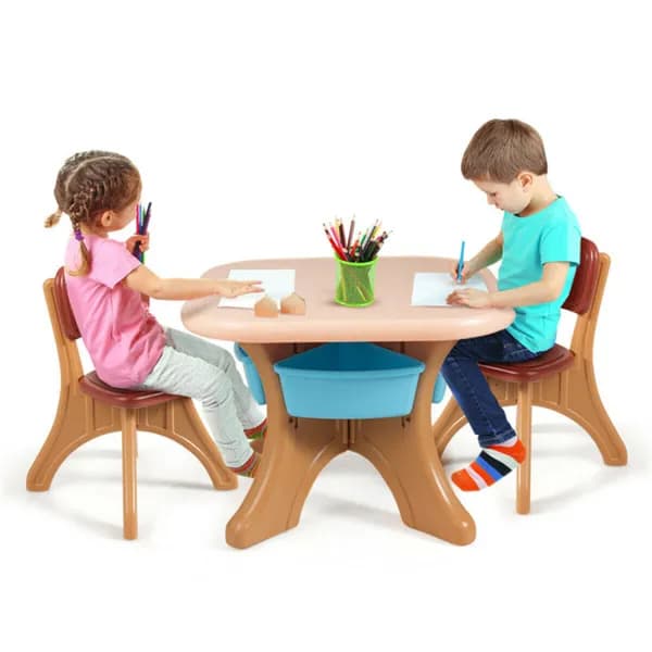 Brown Kids Table And 2 Chairs Set With 4 Storage Boxes, Toddler Activity Table For Drawing Playing Eating, Children Furniture For Indoor Outdoor