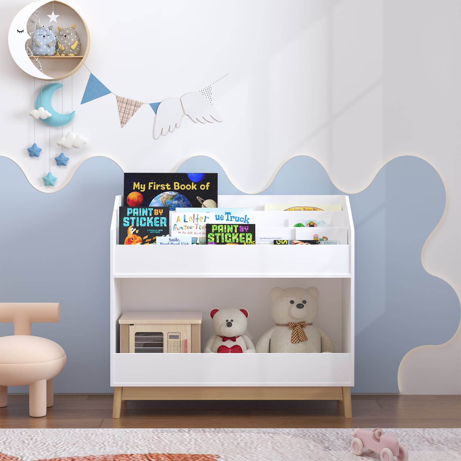 Toddler Book Display Shelf With Storage, Wooden Kids Bookcase Organizer For Bedroom Or Playroom, White