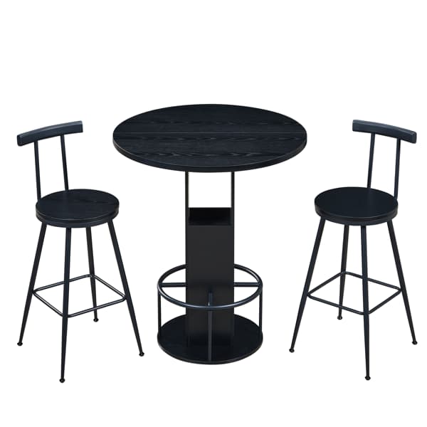 3-piece Bar Table And Stool Set 31.5-inch Round Bar Table With Two Stools Compact Wooden Dining Bar With Metal Ring Footrest Ideal For Restaurants, Cafes, Bars, Living Rooms, And Small Spaces,black