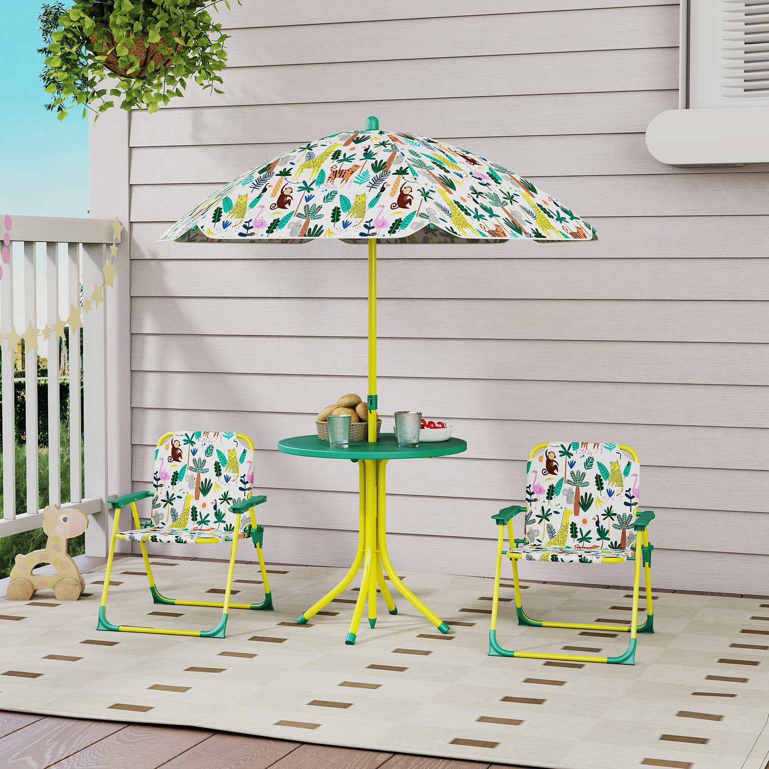 Kids Picnic Table, Kids Table And Chair Set With 2 Folding Chairs And Umbrella For Backyard, Garden, Patio, Green