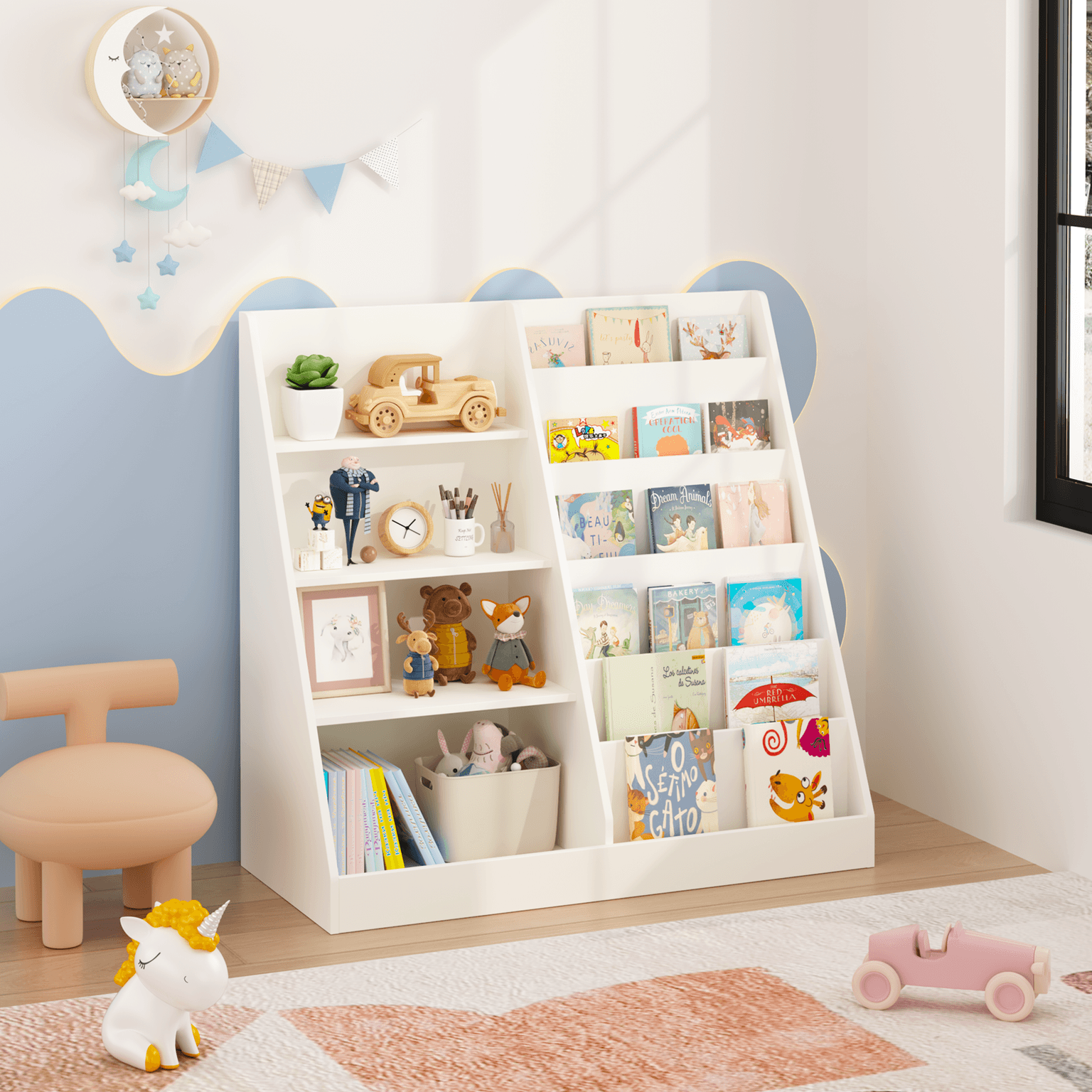 Kids Bookshelf And Toy Storage Organizer, Multifunctional 4 Tier Wooden Kids Book Shelf With  Bookcase Display Stand In Kids Room Playroom Nursery For Kids, Children, Toddlers White