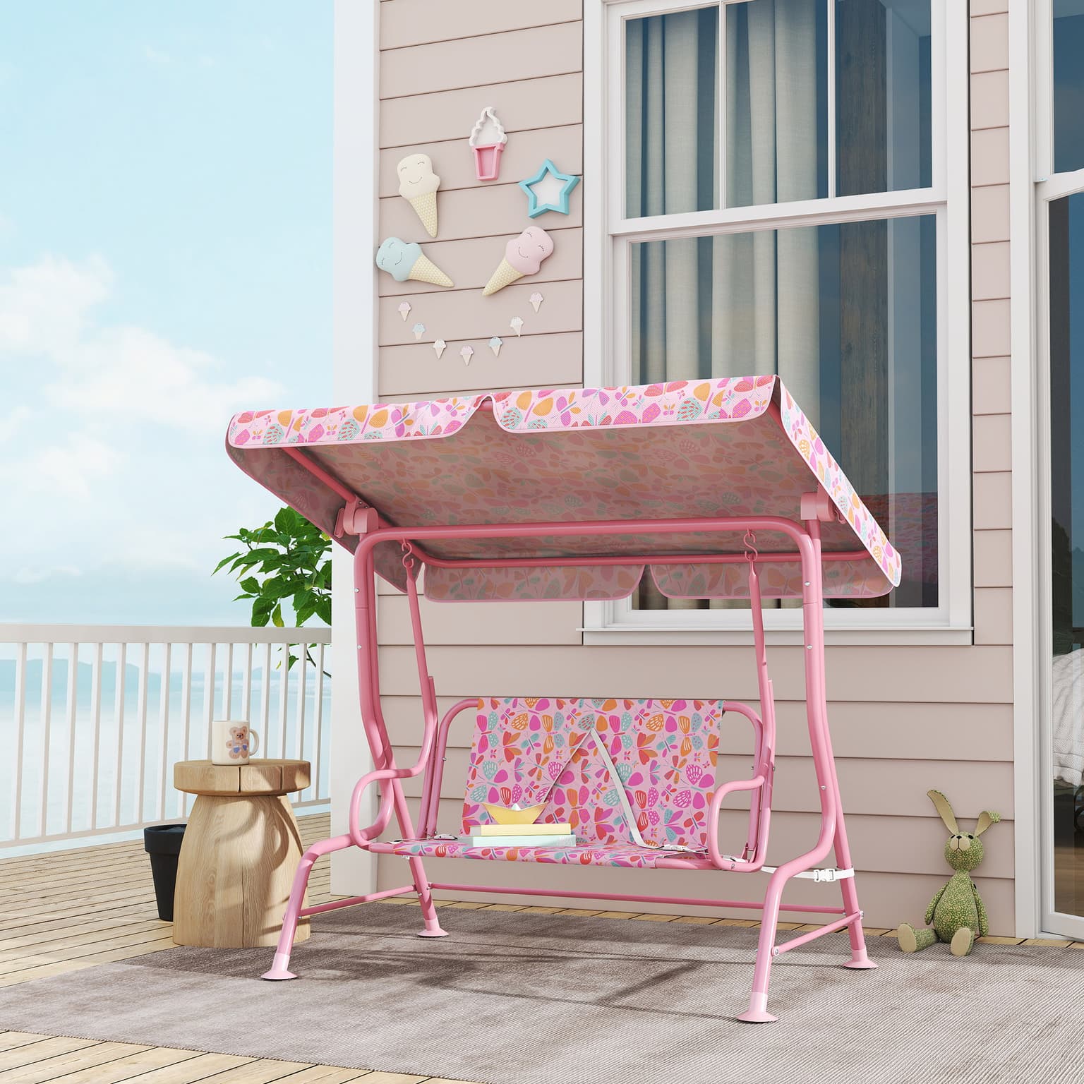 Kids Patio Swing, 2-seater Outdoor Porch Swing With Safety Belt And Adjustable Canopy For Backyard Garden, Pink