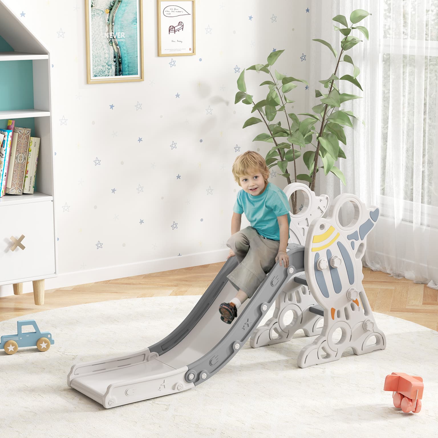 Kids Indoor Slide For Toddlers Ages 1.5-3, Small Toddler Slide, Space Toy Playset For Girls And Boys, Gray