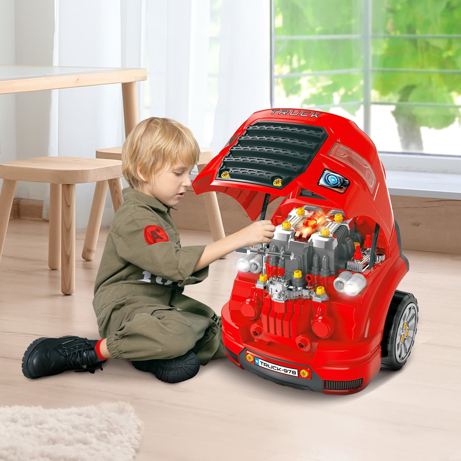 Mechanic Kids Truck Engine Toy Set, Car Service Play Set, Red