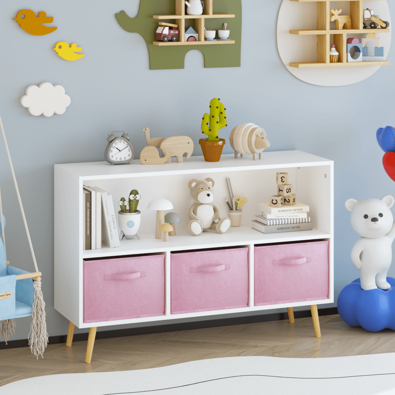 Kids Bookcase With Collapsible Fabric Drawers, Children's Book Display, Toy Storage Cabinet Organizer, White Pink