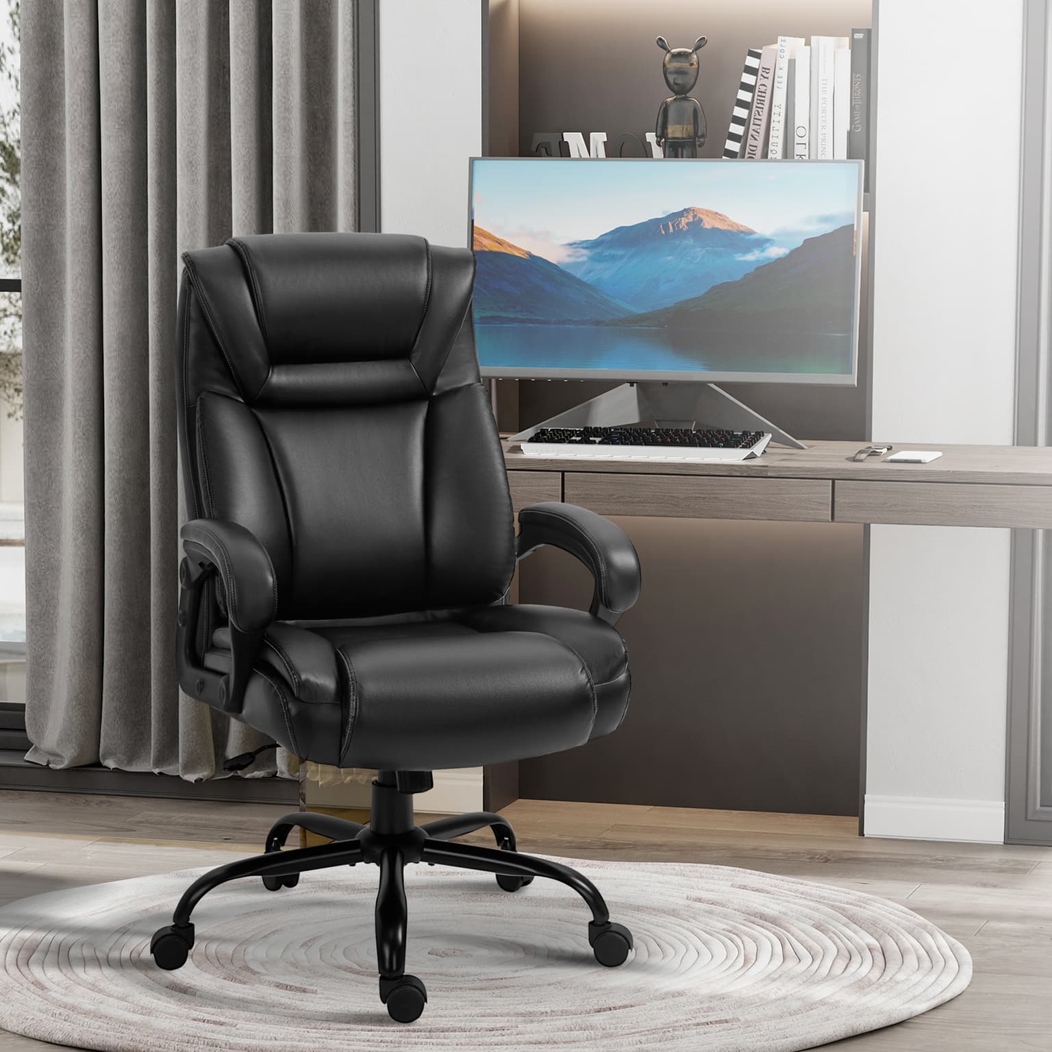 Big And Tall 400lbs Executive Office Chair With Wide Seat, Computer Desk Chair With High Back Pu Leather Ergonomic Upholstery, Adjustable Height And Swivel Wheels, Black