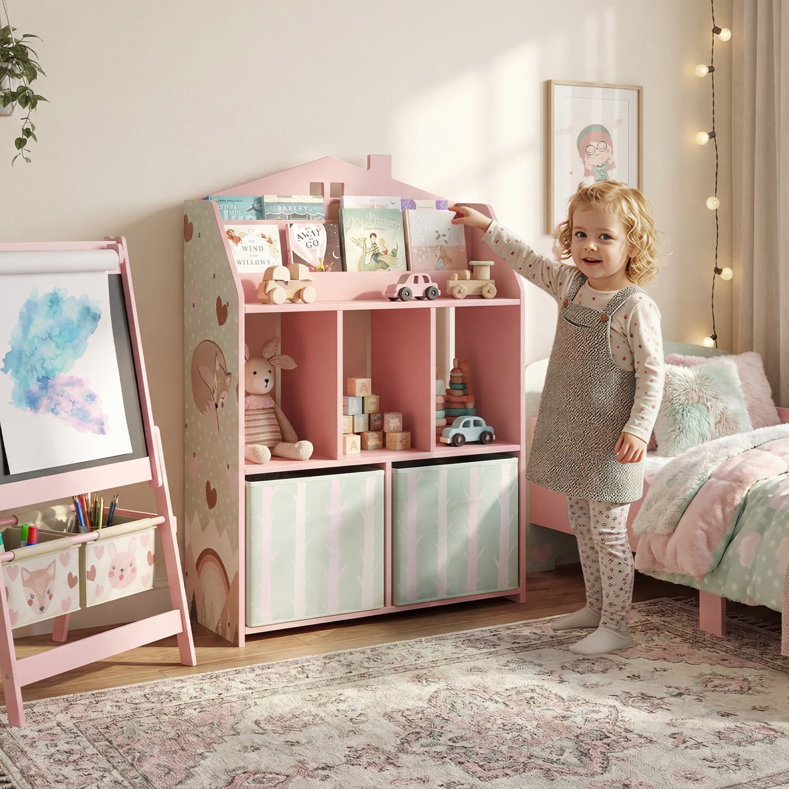 Kids Bookshelf With Storage, Toy Storage Unit With Book Display, Shelves And Fabric Drawers For Playroom Nursery, Pink