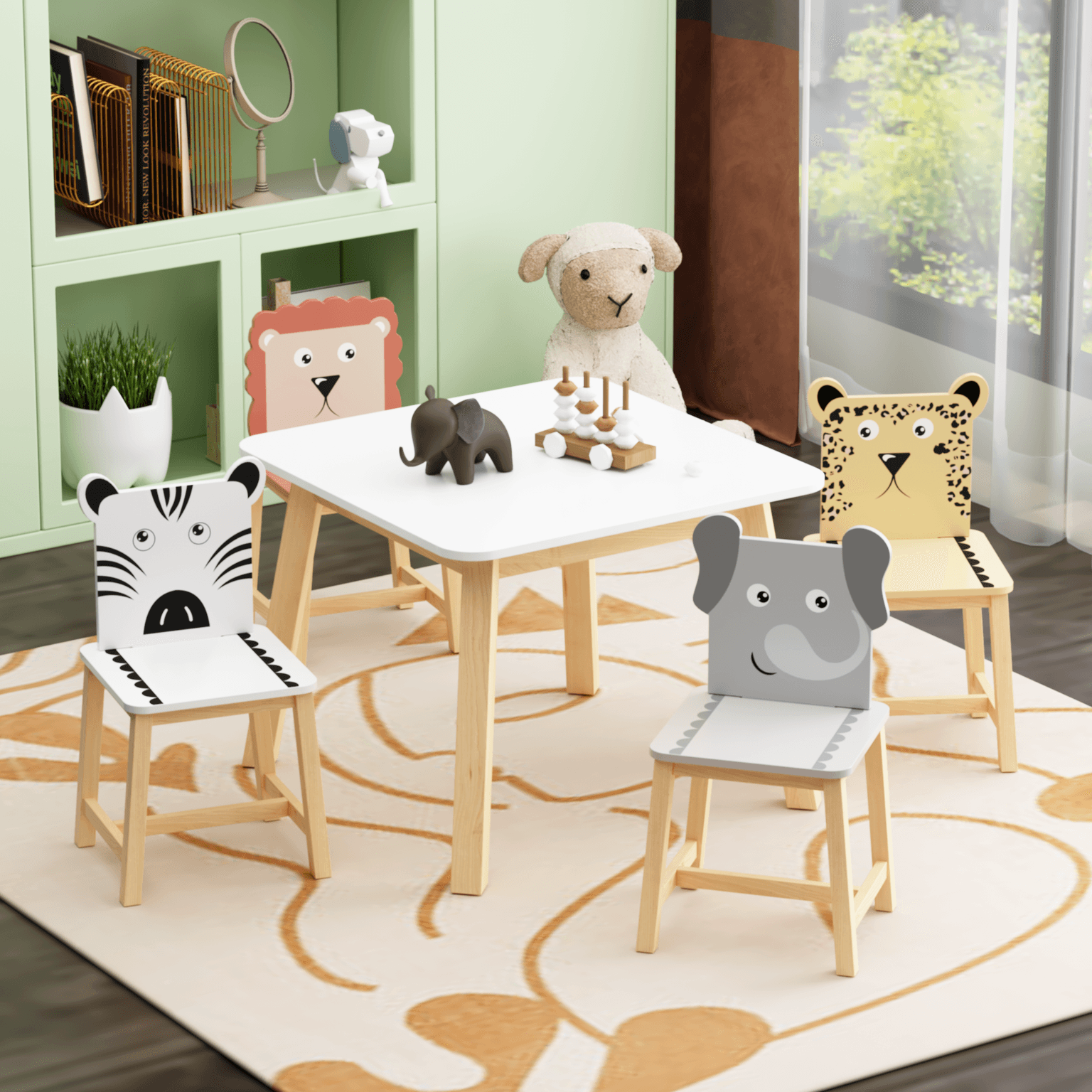 Kiddy Table And Chair Set , Kids Wood Table With 4 Chairs Set Cartoon Animals Bigger Table 3-8 Years Old