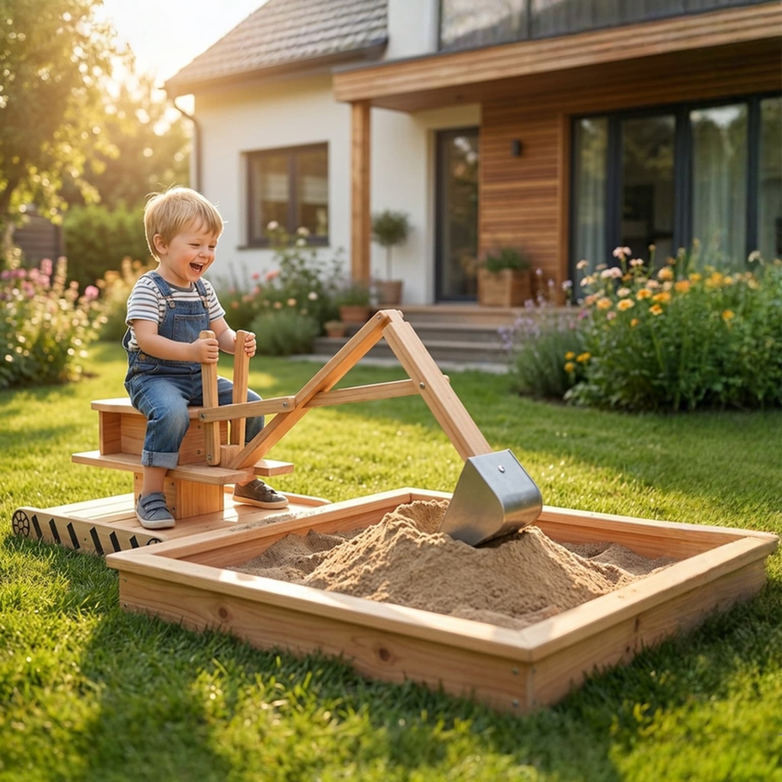 Wooden Sandbox With Digger, Kids Sandbox With 360° Rotating Seat & Bottom Liner, 72" X 35" X 22