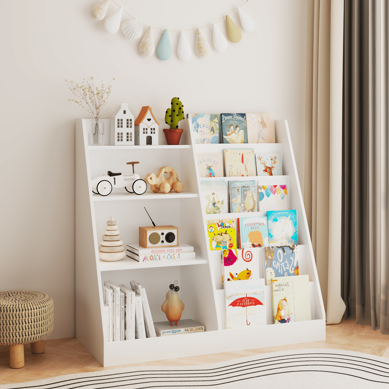 New Kids Bookshelf And Toy Storage Organizer, Multifunctional 4 Tier Wooden Kids Book Shelf With  Bookcase Display Stand In Kids Room Playroom Nursery For Kids, Children, Toddlers White