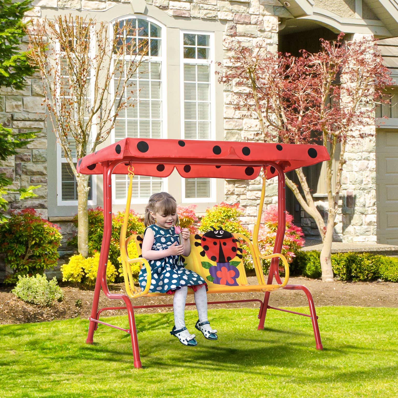 Porch Swing For Kids With Adjustable Canopy To Block Sun At Angles, Kids Swing Chair With Seatbelts, Ladybug Pattern, Gift For Kids Ages 3-6, Red