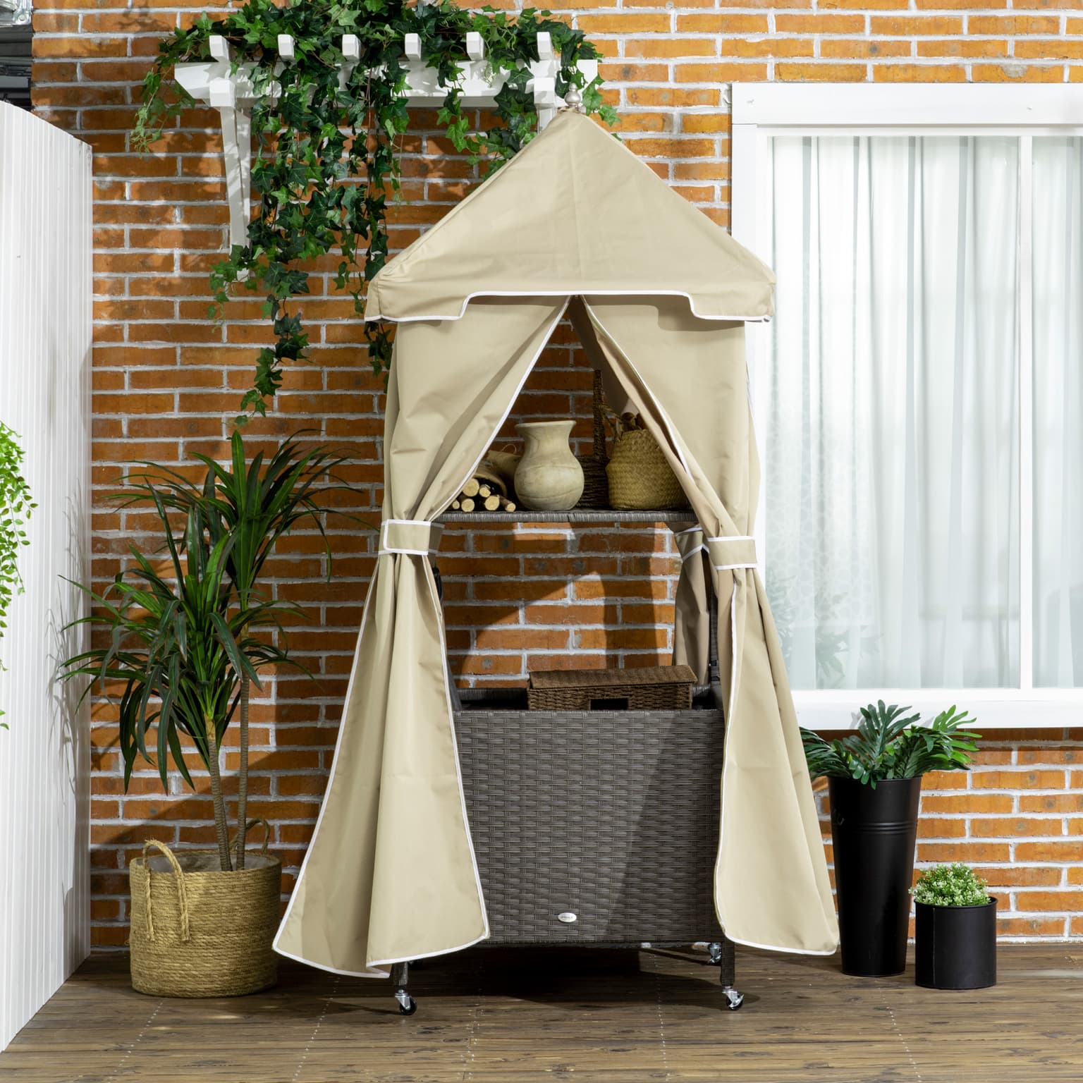 Outdoor Towel Valet Caddy, Covered Poolside Towel Holder Rack, Shelf, Basket, Rolling Pe Rattan Wicker Storage On Wheels, Beige