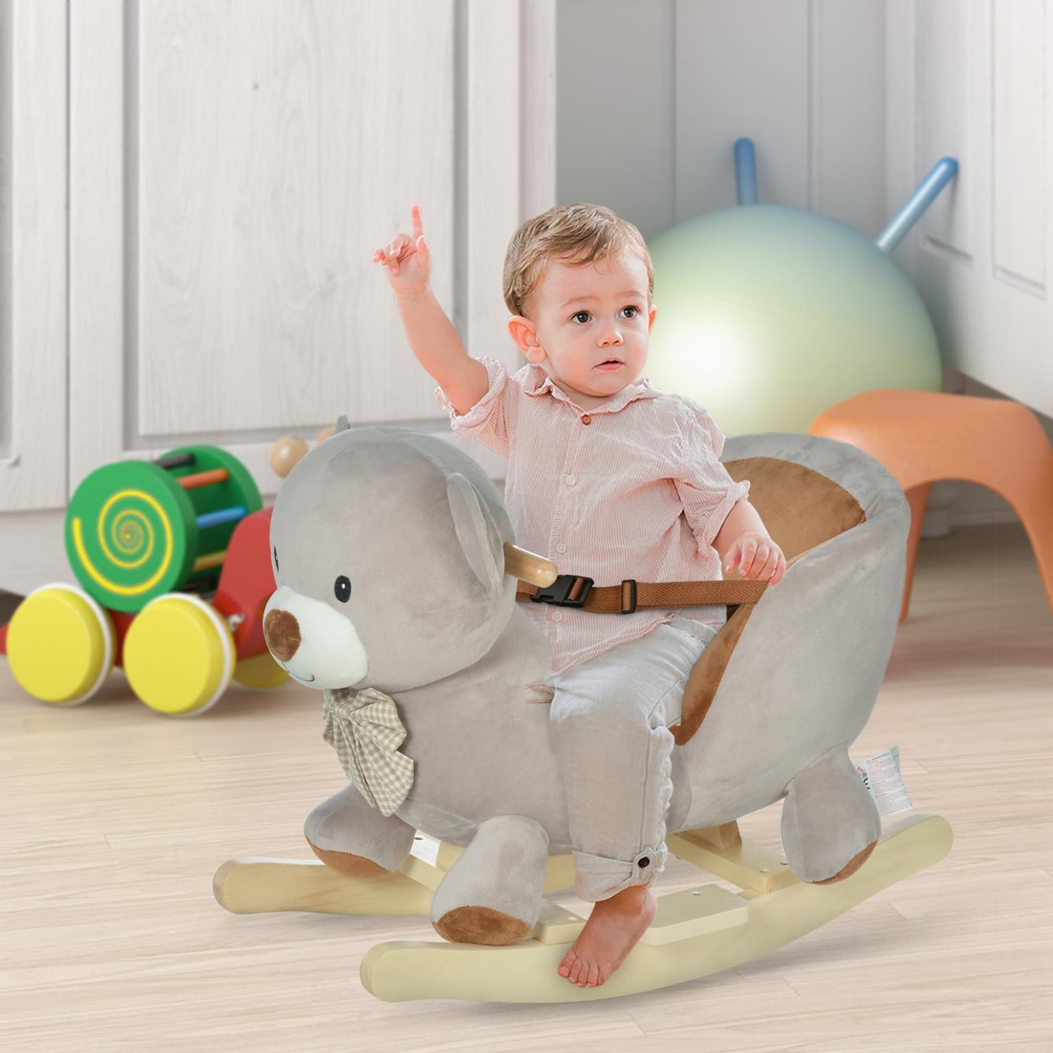Bear-shaped Kids Rocking Horse With Sound For 18-36 Months, Gray